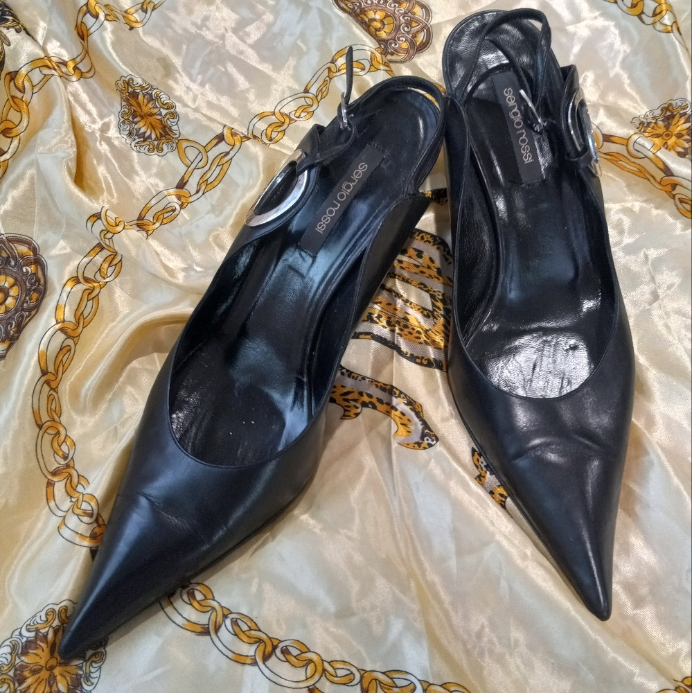 Sergio Rossi Black Pointed-Toe Slingback Pumps